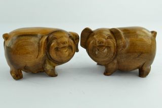 China Rare Collectibles Old Handwork Boxwood Carving Pair Pig Netsuke Statue photo