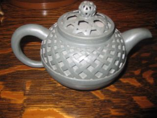 Vintage Jasper Green Basket Weave Signed Teapot `beautiful Condition photo