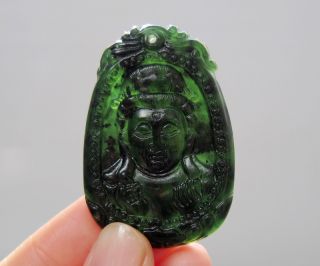 Chinese Hetian Black Green Jade Carved Guanyin Pendant Nr photo