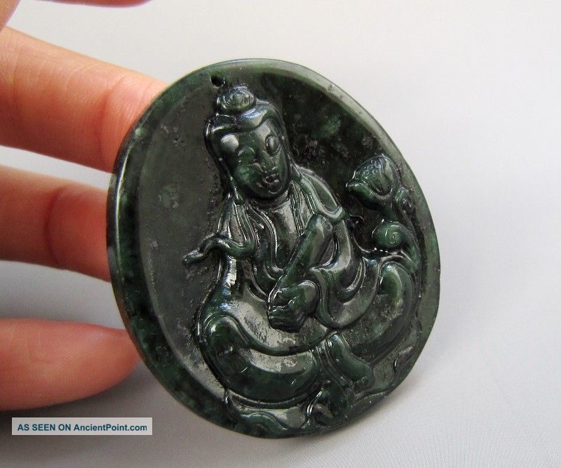 Chinese Hetian Black Green Jade Carved Guanyin Pendant Nr Other photo