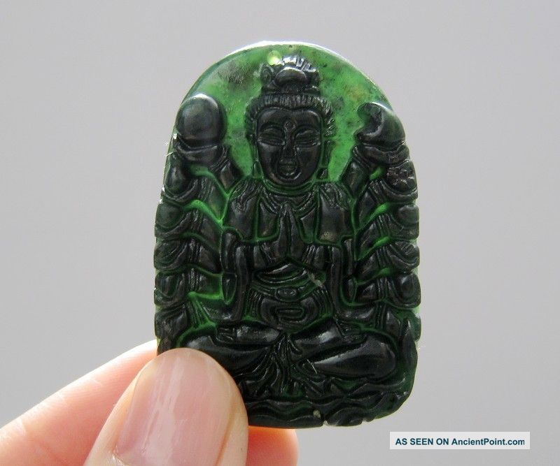 Chinese Hetian Black Green Jade Carved Guanyin Pendant Nr Other photo