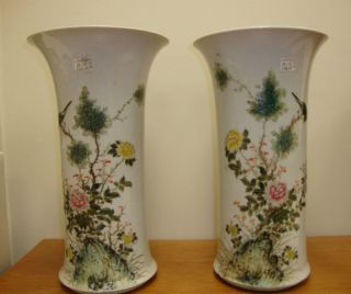 Pair Antique Chinese Porcelain Famille Rose Vase Mark Signed Flower Birds photo