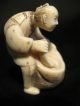 Antique Japanese Ox Bone Inked Netsuke Man Pouring Water,  Signed Good Condition Netsuke photo 9