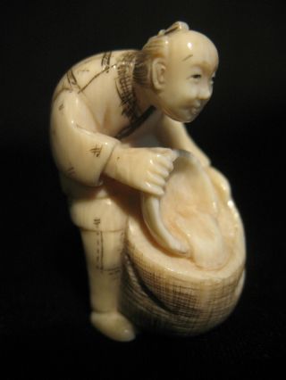 Antique Japanese Ox Bone Inked Netsuke Man Pouring Water,  Signed Good Condition photo