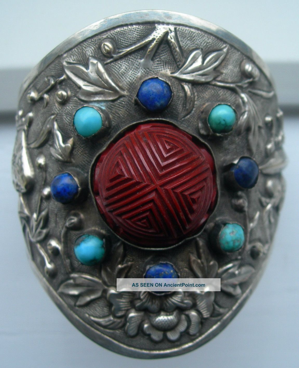 Fine 19th/20th Century Chinese Silver Plated Red Lacquer & Gem Set Bracelet. Bracelets photo