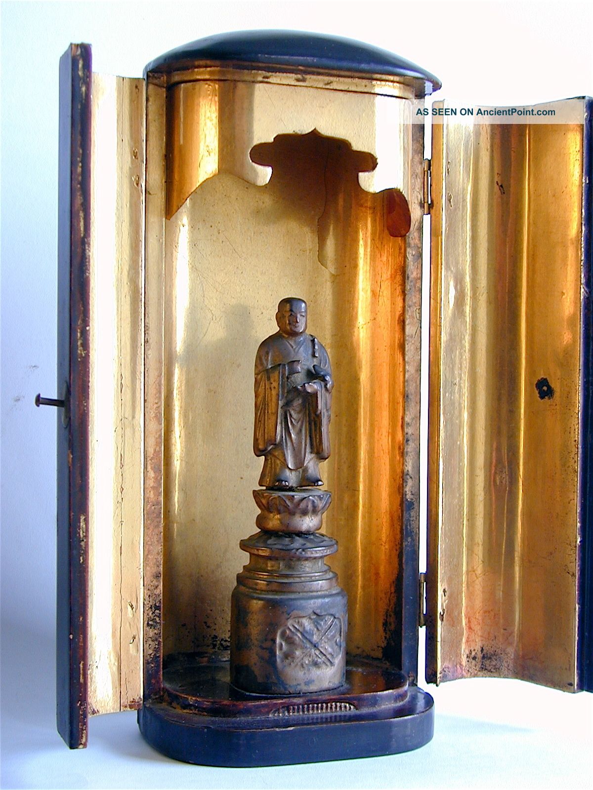 A Antique Japanese Edo Period Gilt Lacquer Shrine Of A Standing Buddha Statues photo