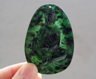Fine Chinese Carved Hetian Black Green Jade Guanyin Pendant 0033 photo