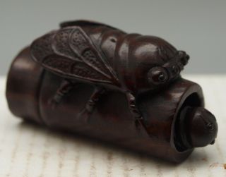 Japanese Wooden Netsuke - Two Grasshoppers - Moving Parts - Hand Carved - Signed photo