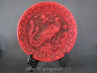 Rare Chinese Red Carved Lacquerware Phenix Plate photo