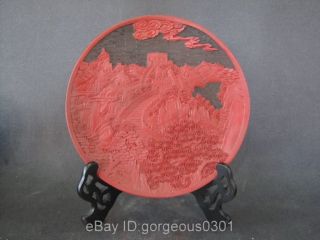 Rare Chinese Red Carved Lacquerware Landscape Plate photo