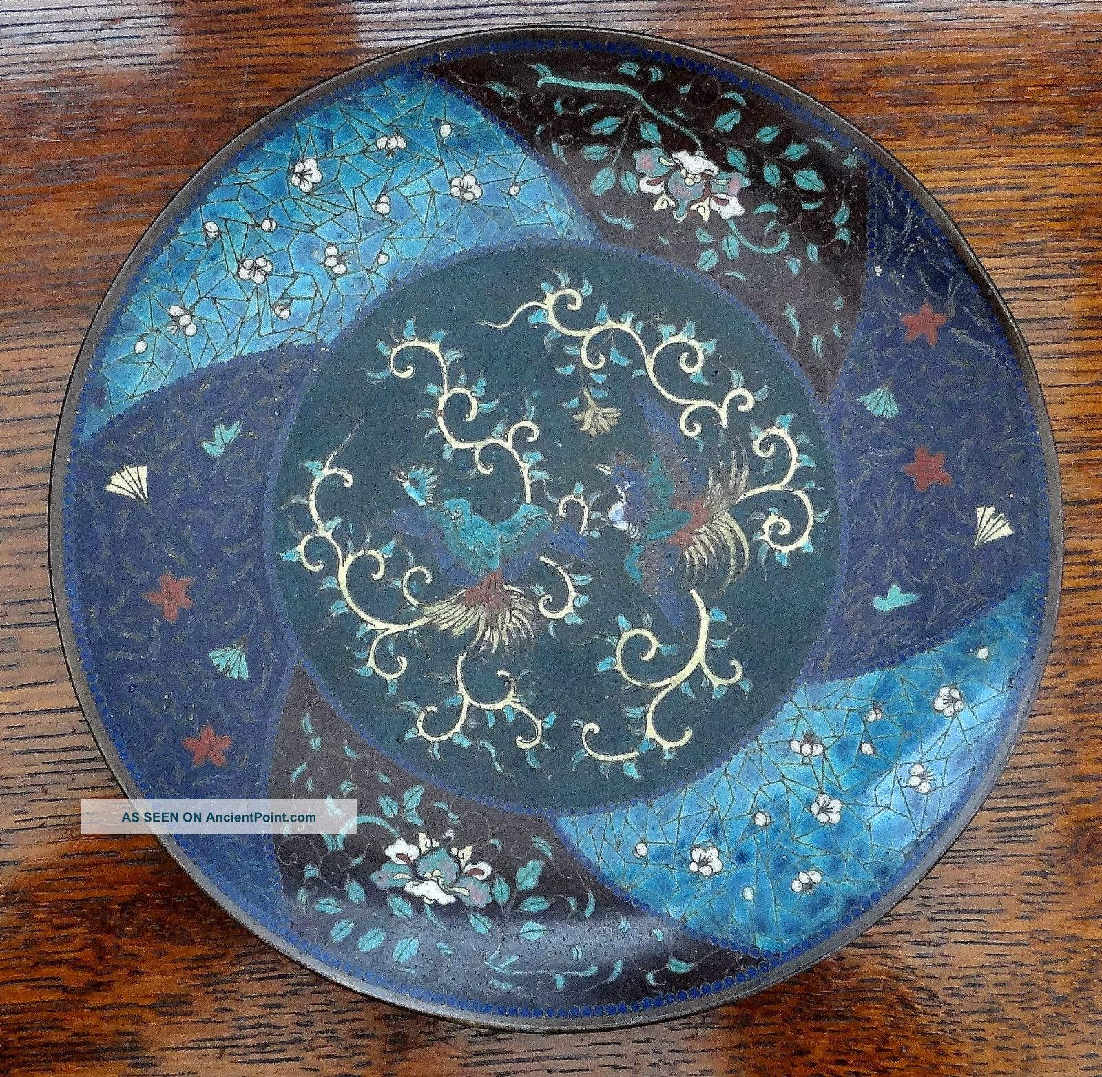 Antique Japanese Cloisonne Enamel Plate With 2 Oriental Birds 8 1/2 