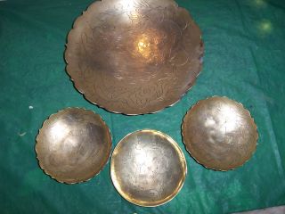 Antique Brass Chinese Or Indian Plate / Plaques Four Of Engraving photo