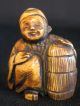 Antique Japanese Stained & Inked Ox Bone 象牙 Netsuke Man W.  A Basket Netsuke photo 3
