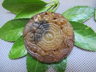 China Classical Jade Stone Carving Bagua Lucky Dragon Phoenix Pendants 124 photo