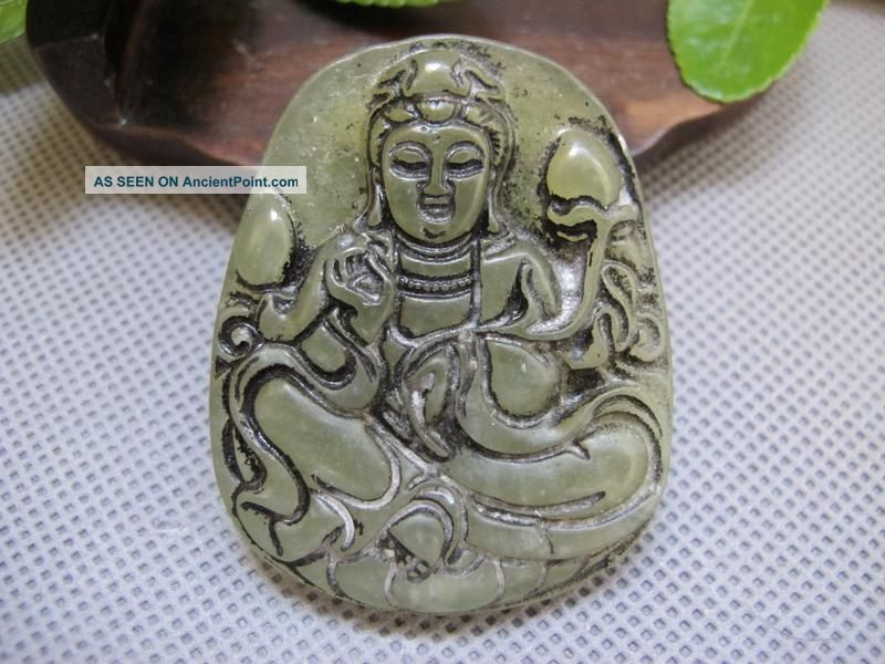 Chinese Folk Classical Jade Stone Carve Auspicious Lotus Kwun Yam Pendant 166 Reproductions photo