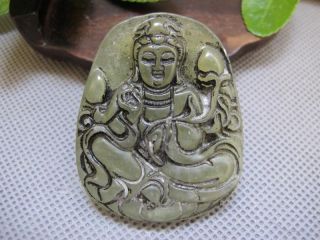 Chinese Folk Classical Jade Stone Carve Auspicious Lotus Kwun Yam Pendant 166 photo