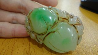 Prefect Chinese Antique Green Jade Pendant/two Peaches & Bat photo