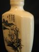 Antique Ox Bone 象牙 Chinese Relief Canton Carved & Inked Red Seal Snuff Bottle Snuff Bottles photo 5