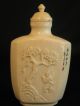 Antique Ox Bone 象牙 Chinese Relief Canton Carved & Inked Red Seal Snuff Bottle Snuff Bottles photo 7