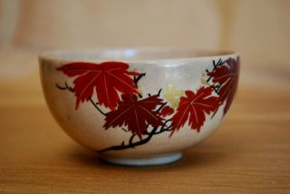 Japanese Satsuma Glaze Tea Ceremony Bowl With Autumn Leaves,  Early Meiji Period photo