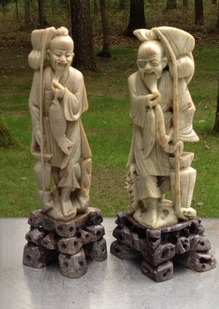 Pair (2) Of Matched Antique Chinese Carved Soapstone Fishermen Sculpture photo