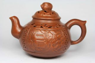 Chinese Old Purple Clay Handwork Carved Hollow Out Two - Lier Tea Pot photo