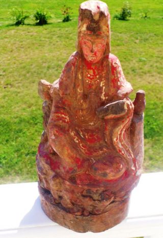 Antique Polychromed Woodcarving Of Kwan Yin photo