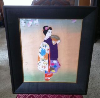 20th Century Geisha Silk Watercolor Painting photo