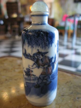 Antique Chinese Blue & White Porcelain Snuff Bottle W/ Man & Landscape photo