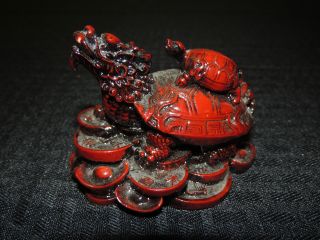 Unique Chinese Red Lacquer Female Dragon Foo Dog With Turtle Shell & Baby Statue photo