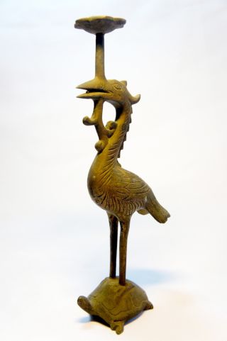 Rare Antique Candlestick Made From Brass Bird Stand On Turtle Style photo