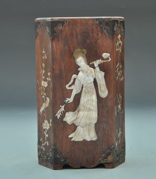 Rare 19th - Century Chinese Boxwood Pen Holder Inlaid Shell photo
