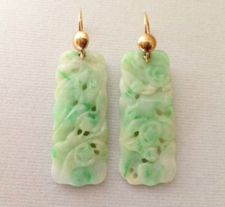 Antique Art Deco Chinese 14k Gold Carved Apple Green Jadeite Jade Earrings photo