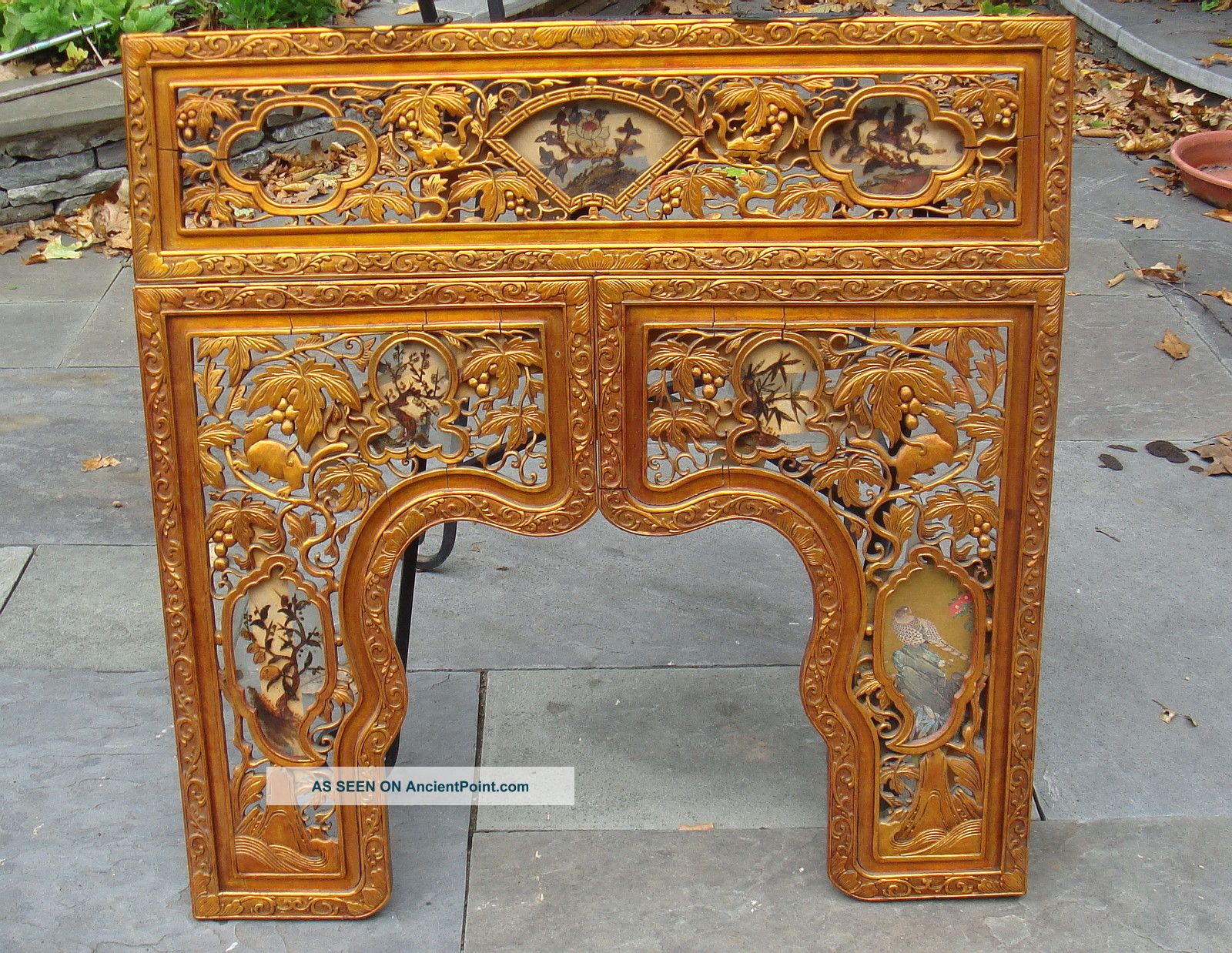Antique Asian Chinese Carved Wood 3 Section Frame Glass Inset Temple Panel Other photo