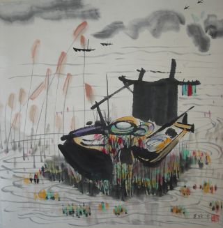 Chinese Hand Painted Scroll With An Anchored Boat photo