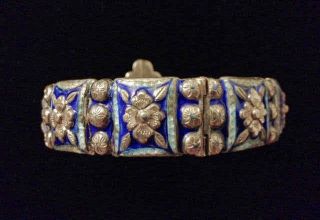 Antique Chinese Sterling Silver Repousse Enamel Hinged Floral Bracelet photo
