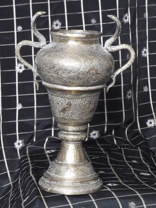 Antique Vintage Eastern Brass Vase Urn Cobra Snake Handles photo