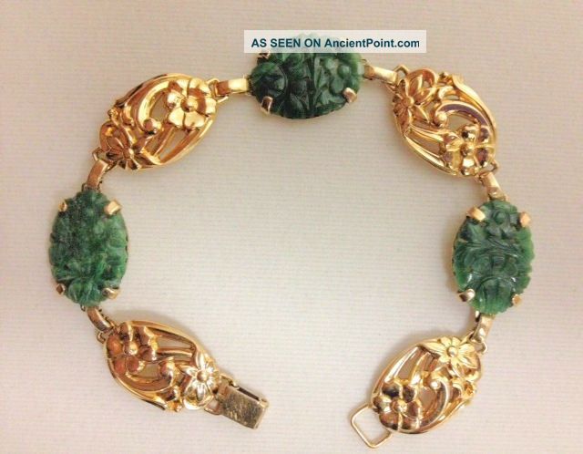 Antique Chinese 14k Gold Plated Copper Base Carved Jadeite Jade Floral Bracelet Bracelets photo
