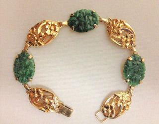 Antique Chinese 14k Gold Plated Copper Base Carved Jadeite Jade Floral Bracelet photo