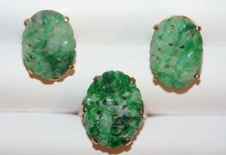 Antique Chinese 14k Gold Carved Green Jadeite Jade Floral Ring And Earrings Set photo