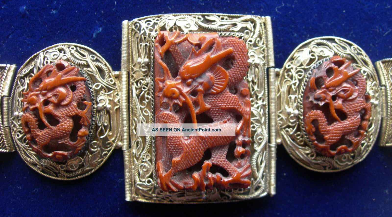 Exceptional 19th/20th Century Chinese Silver & Red Stained ' Ox Bone ' Bracelet. Bracelets photo