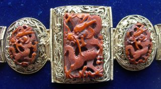 Exceptional 19th/20th Century Chinese Silver & Red Stained ' Ox Bone ' Bracelet. photo