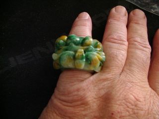 Vintage Carved Jadeite Jade Light Green 4 Color Crown Bat With Fruit,  Ruyi Ring photo