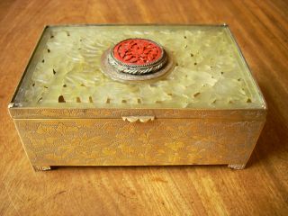 Art Deco Vintage Chinese Carved Cinnebar,  Pierced Jadeite? Lid Engraved Box photo