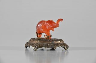 Antique / Old / Oriental / Asian / Orange Jade Elephant On Bronze Base photo