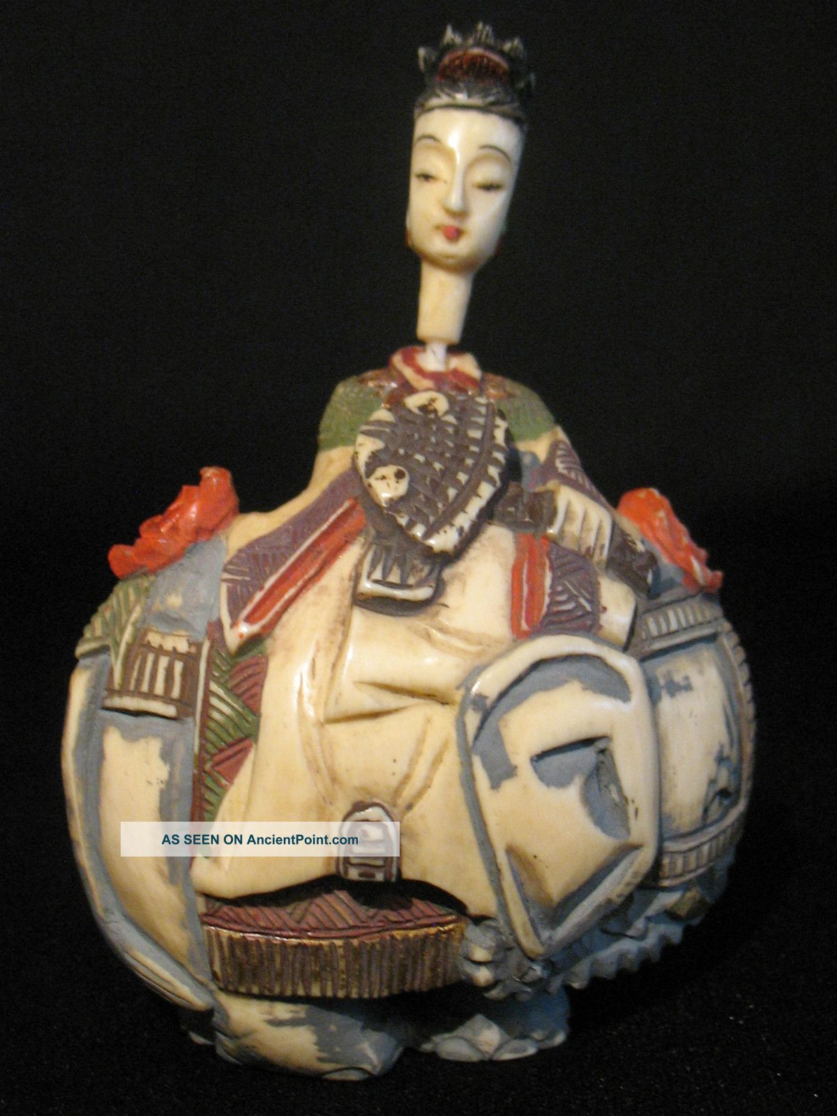 Ox Bone 象牙 Chinese Canton Carved Polychrome Snuff Bottle Empress On An Elephant Snuff Bottles photo