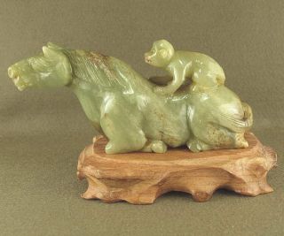 Stunning With Carved Chinese Old Jade Statue Monkey Ride Horse photo