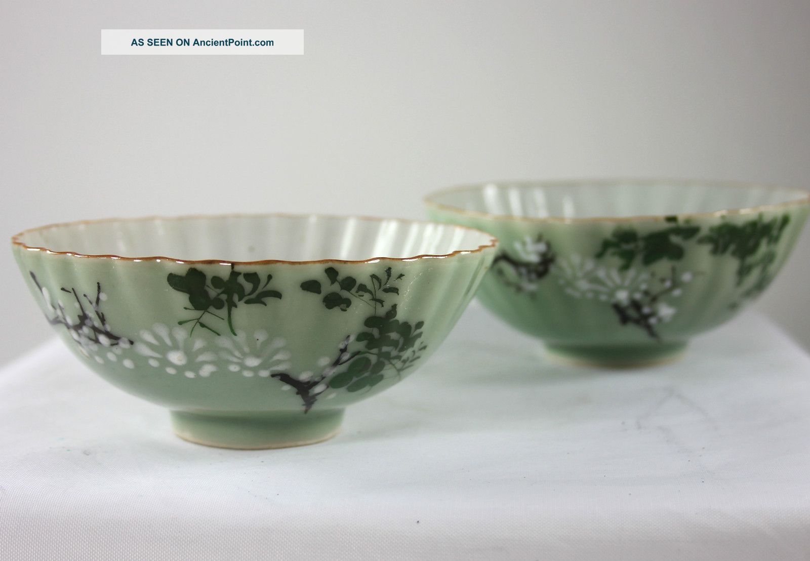 Pair Of Antique Chinese Hand Painted Celadon Rice Bowl Bowls photo