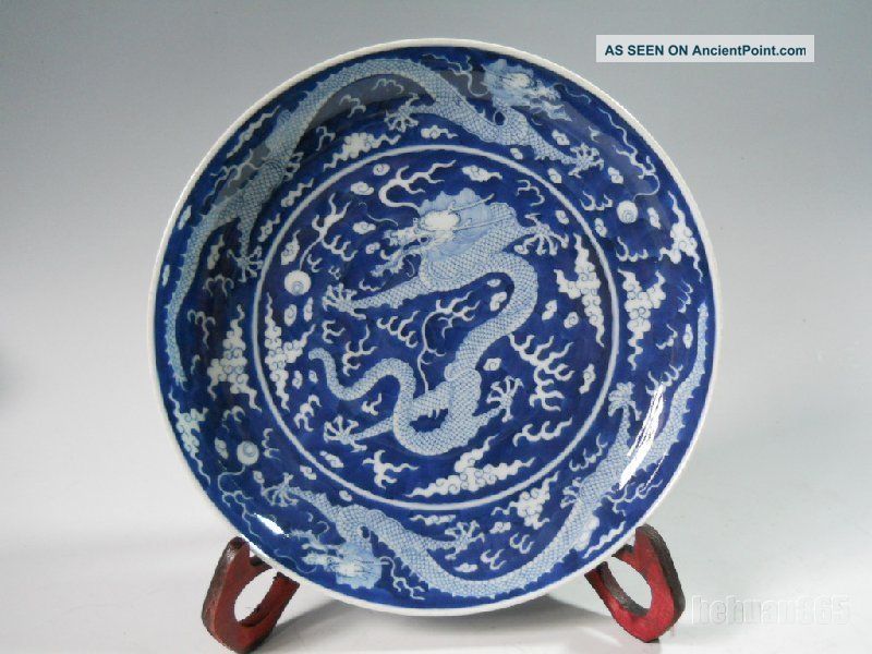 Fine Chinese Blue White Porcelain Dragon Plate Vases photo