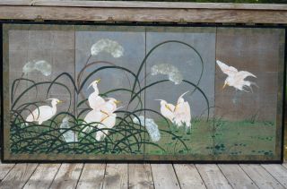 Japanese/chinese Four Panel Byobu Folding Screen/hanging Hand Painted With Stork photo